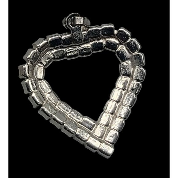Rhinestone-Studded Open Heart Pendant Silver Tone Pot Metal Vintage - Picture 8 of 11